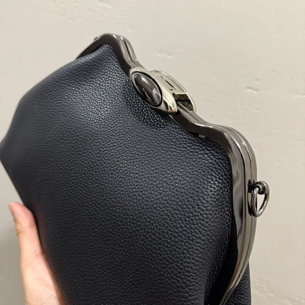 Black Togo Cowhide Leather Handmade Custom Metal Frame Handbag & 2 Strap Styles